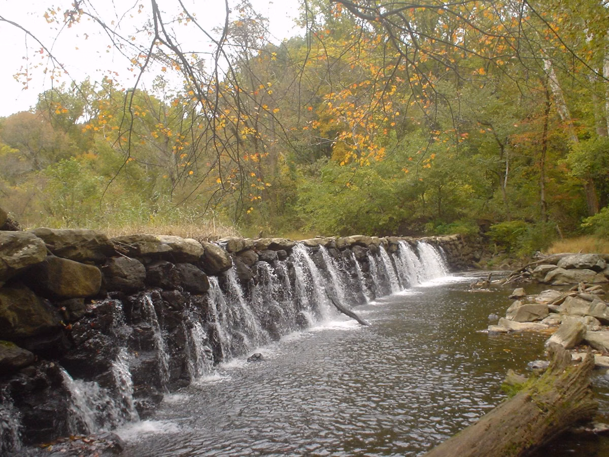 Water spilling over the stone Sycamore Mills Dam on Ridley Creek, with early fall color on the banks